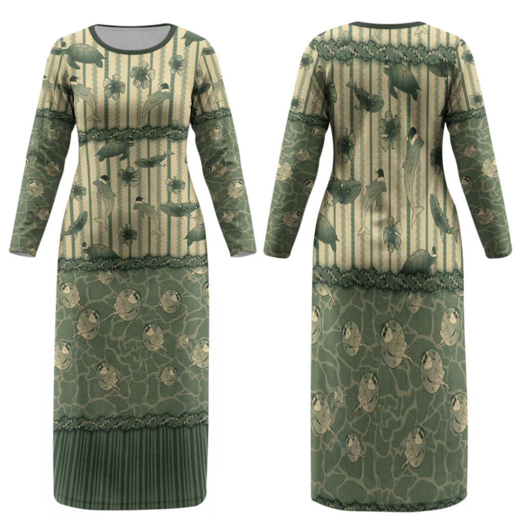 Hawaii Christmas In July Family Matching Long Sleeve Bodycon Dress and Hawaiian Shirt Olive Green Mele Kalikimaka Sea Animals DT05 Mom's Dress Green - Polynesian Pride