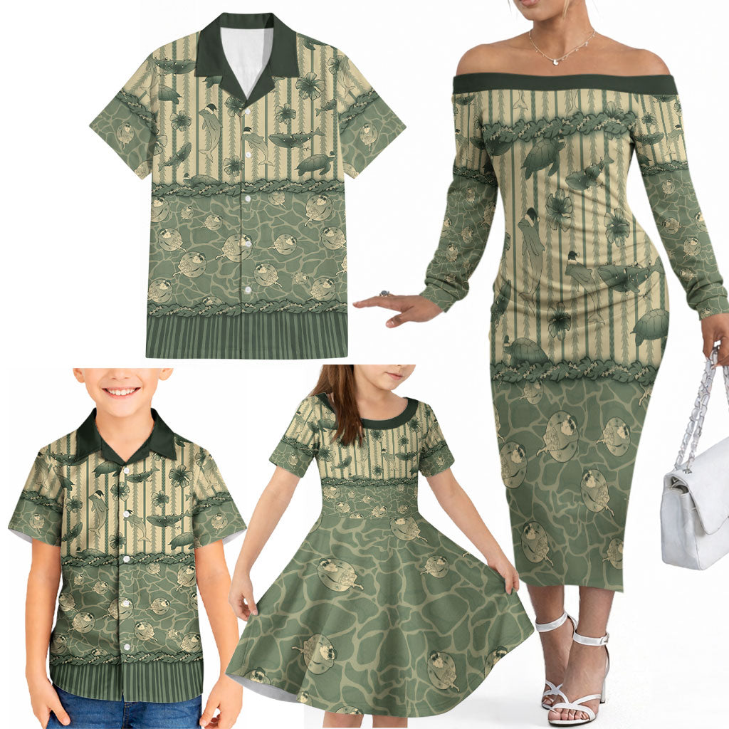 Hawaii Christmas In July Family Matching Off The Shoulder Long Sleeve Dress and Hawaiian Shirt Olive Green Mele Kalikimaka Sea Animals DT05 - Polynesian Pride