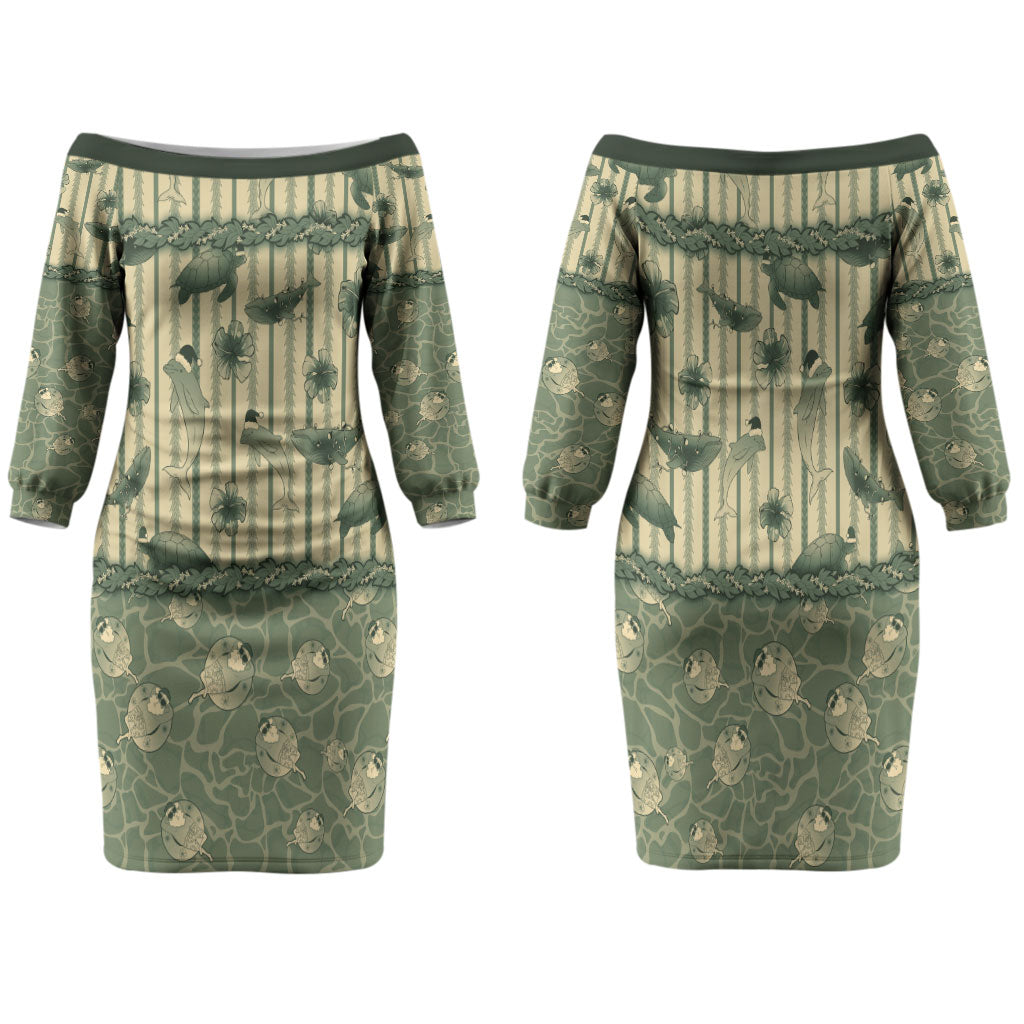 Hawaii Christmas In July Family Matching Off The Shoulder Long Sleeve Dress and Hawaiian Shirt Olive Green Mele Kalikimaka Sea Animals DT05 Mom's Dress Green - Polynesian Pride