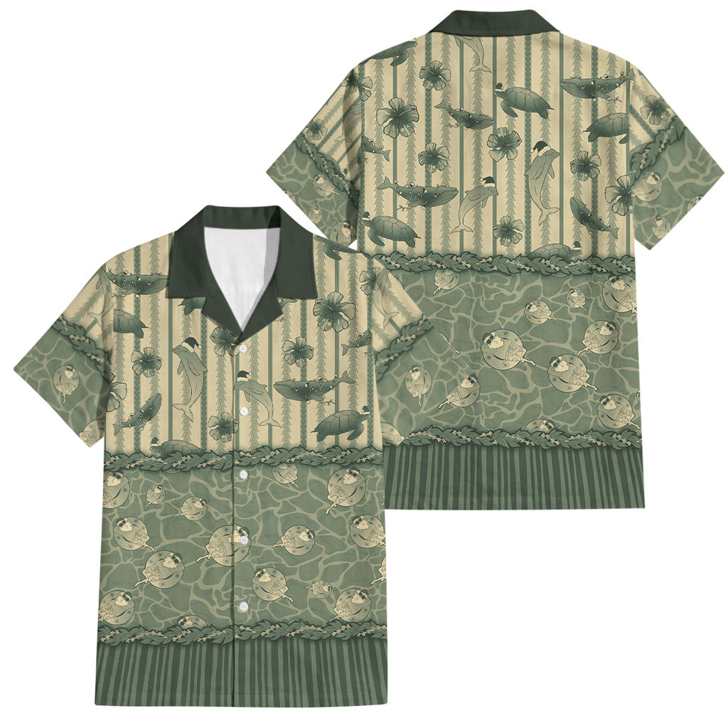 Hawaii Christmas In July Family Matching Off The Shoulder Long Sleeve Dress and Hawaiian Shirt Olive Green Mele Kalikimaka Sea Animals DT05 Dad's Shirt - Short Sleeve Green - Polynesian Pride