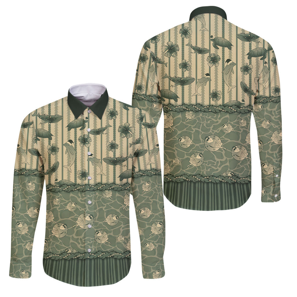 Hawaii Christmas In July Family Matching Off The Shoulder Long Sleeve Dress and Hawaiian Shirt Olive Green Mele Kalikimaka Sea Animals DT05 Dad's Shirt - Long Sleeve Green - Polynesian Pride