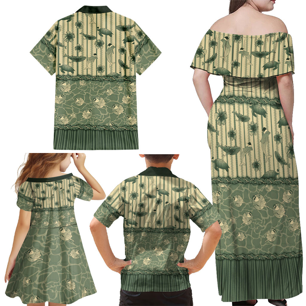 Hawaii Christmas In July Family Matching Off Shoulder Maxi Dress and Hawaiian Shirt Olive Green Mele Kalikimaka Sea Animals