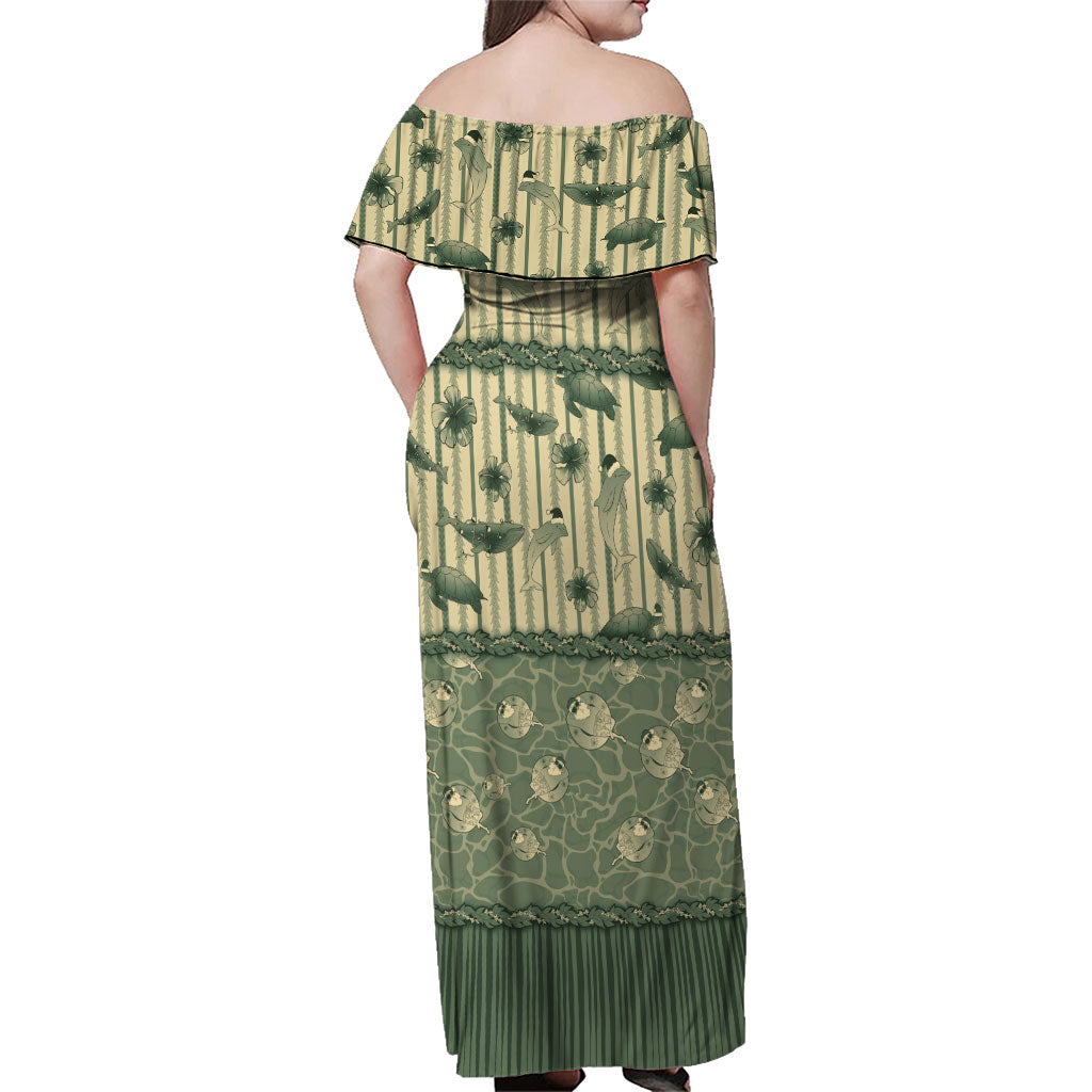 Hawaii Christmas In July Family Matching Off Shoulder Maxi Dress and Hawaiian Shirt Olive Green Mele Kalikimaka Sea Animals