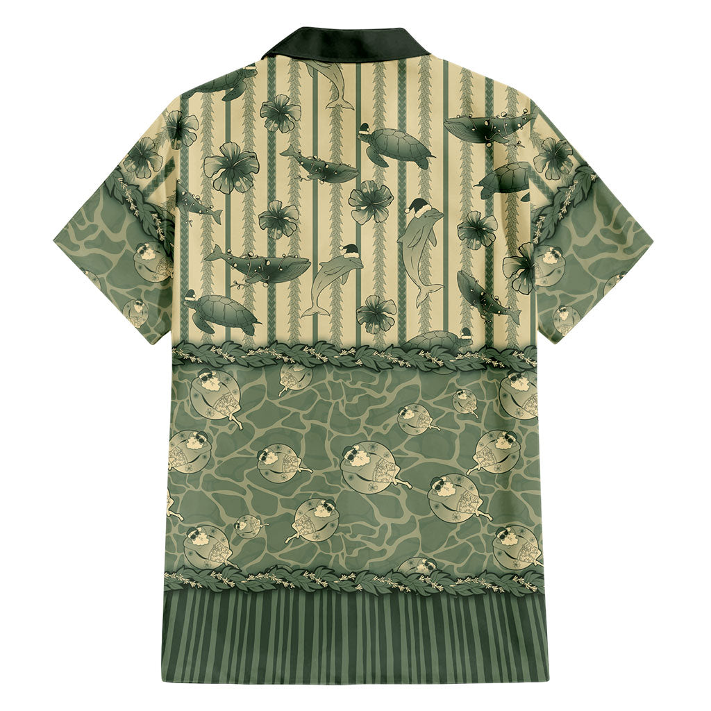 Hawaii Christmas In July Family Matching Short Sleeve Bodycon Dress and Hawaiian Shirt Olive Green Mele Kalikimaka Sea Animals