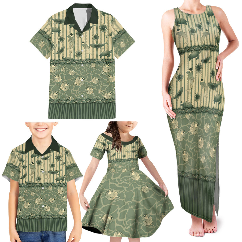 Hawaii Christmas In July Family Matching Tank Maxi Dress and Hawaiian Shirt Olive Green Mele Kalikimaka Sea Animals