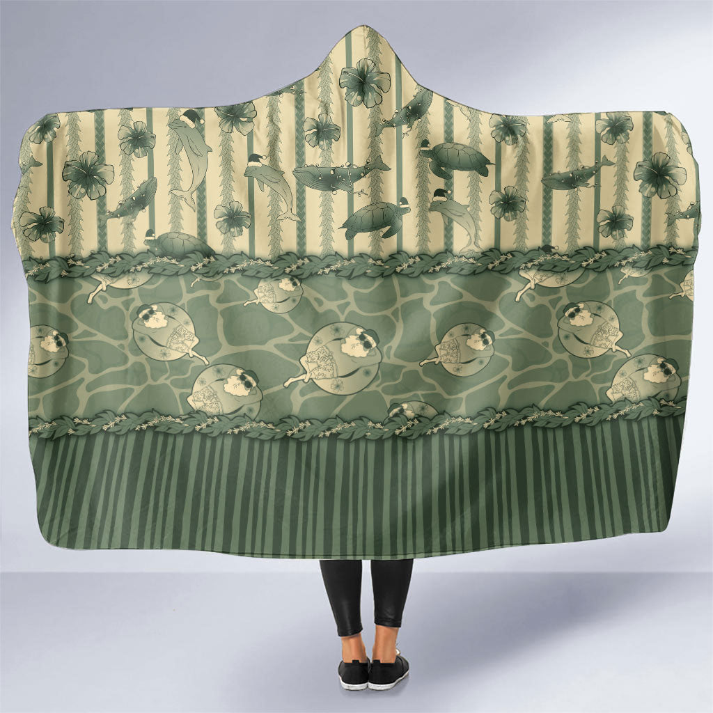 Hawaii Christmas In July Hooded Blanket Olive Green Mele Kalikimaka Sea Animals DT05 One Size Green - Polynesian Pride