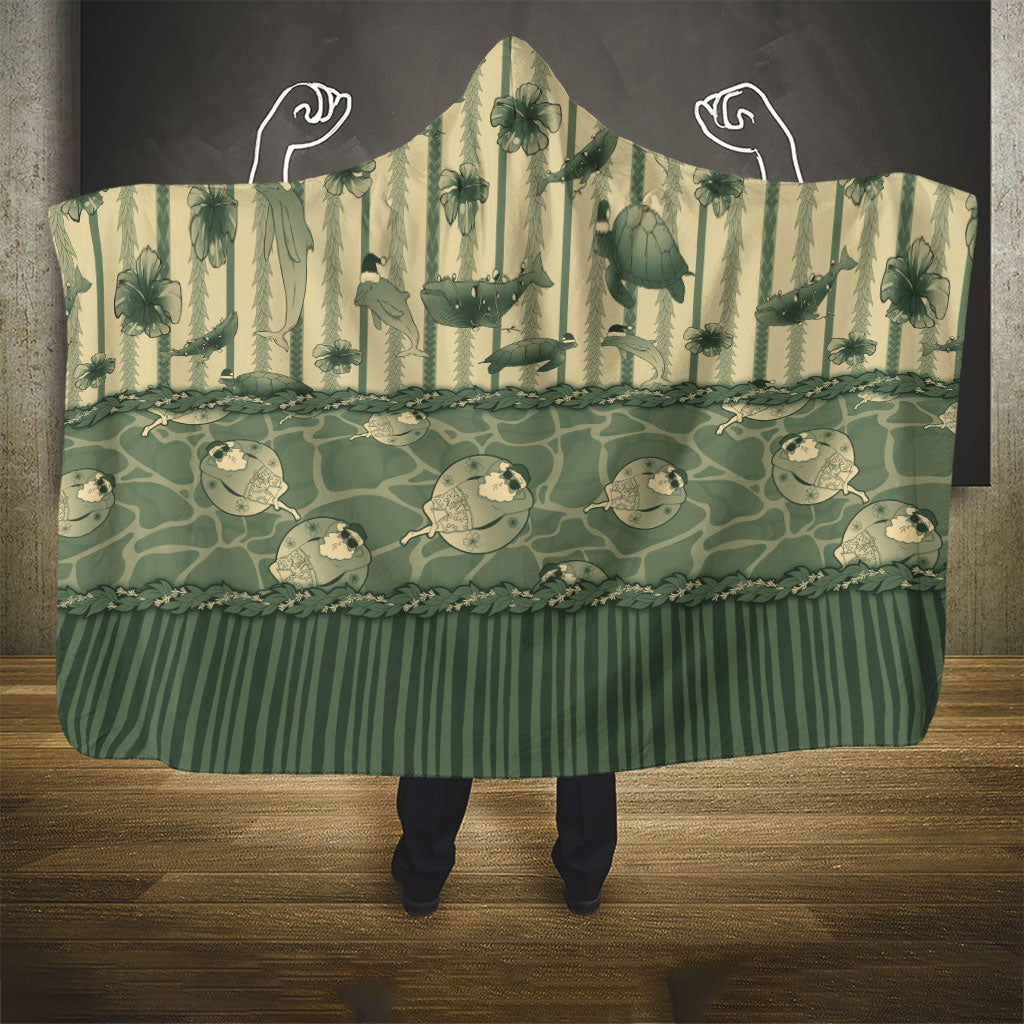 Hawaii Christmas In July Hooded Blanket Olive Green Mele Kalikimaka Sea Animals DT05 - Polynesian Pride
