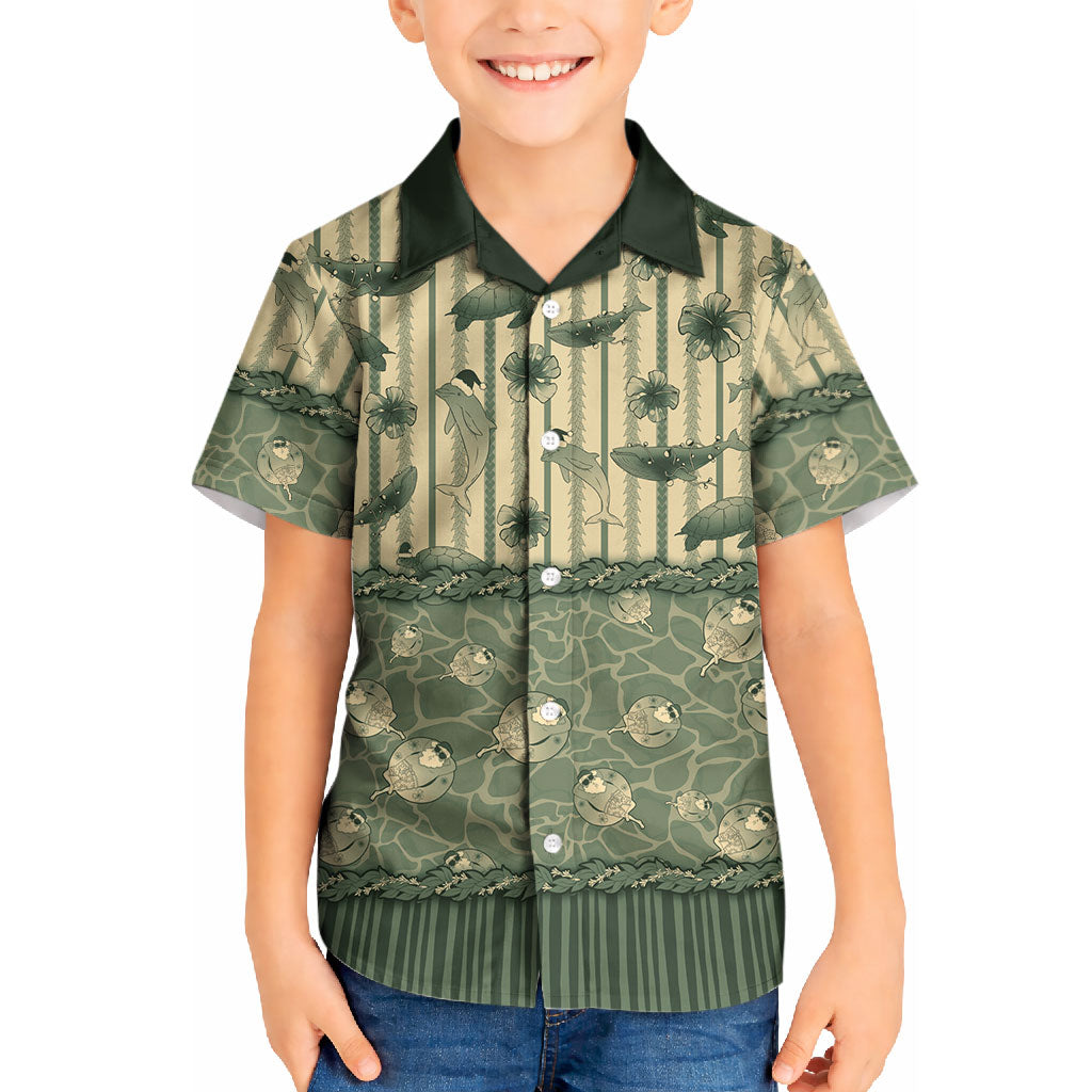 Hawaii Christmas In July Kid Hawaiian Shirt Olive Green Mele Kalikimaka Sea Animals DT05 Kid Green - Polynesian Pride