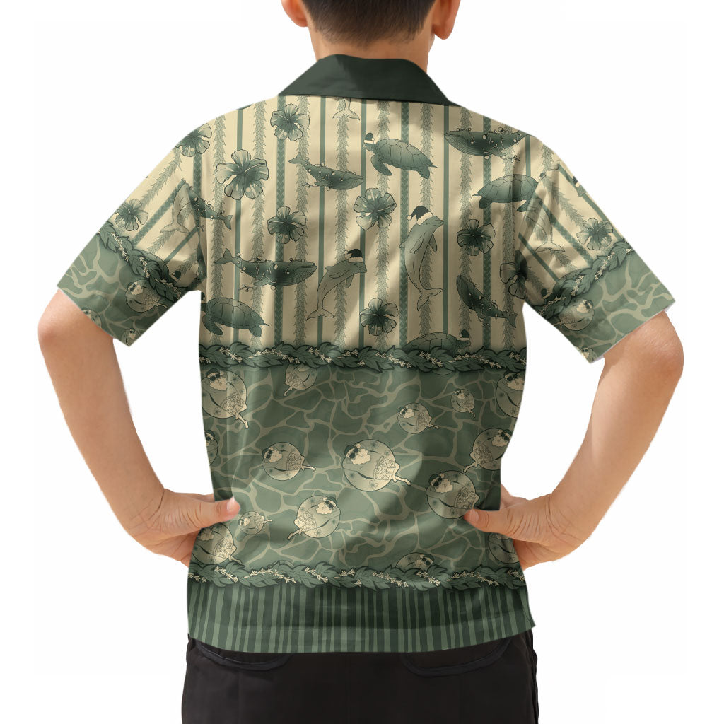 Hawaii Christmas In July Kid Hawaiian Shirt Olive Green Mele Kalikimaka Sea Animals DT05 - Polynesian Pride