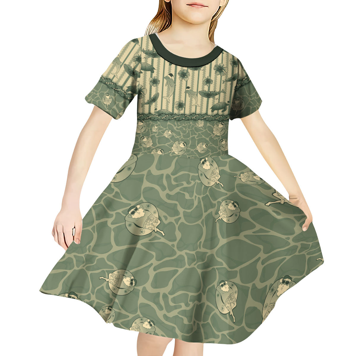 Hawaii Christmas In July Kid Short Sleeve Dress Olive Green Mele Kalikimaka Sea Animals