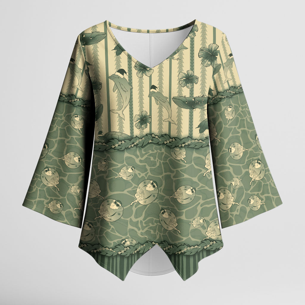 Hawaii Christmas In July Kimono Sleeve Blouse Olive Green Mele Kalikimaka Sea Animals