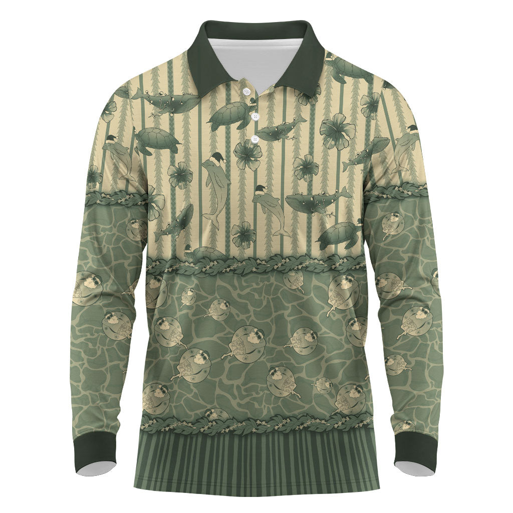 Hawaii Christmas In July Long Sleeve Polo Shirt Olive Green Mele Kalikimaka Sea Animals