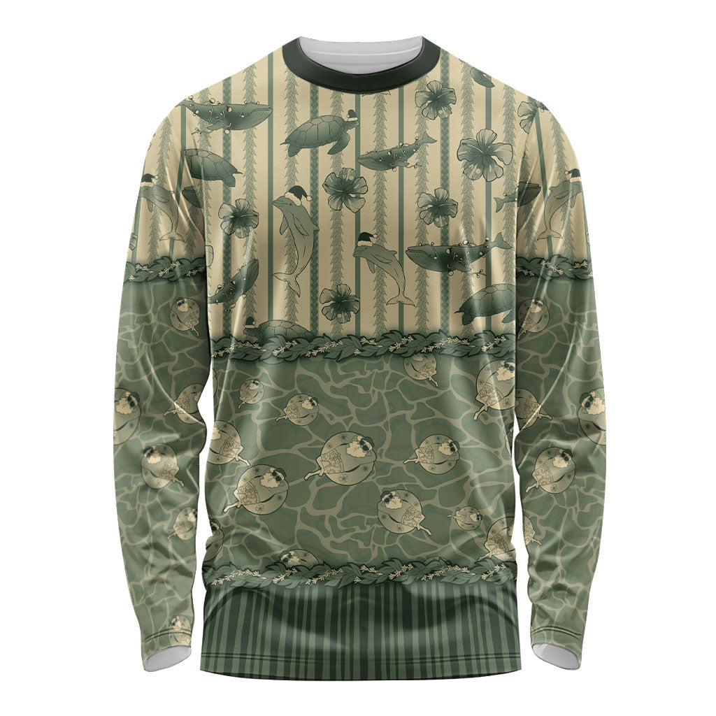 Hawaii Christmas In July Long Sleeve Shirt Olive Green Mele Kalikimaka Sea Animals DT05 Unisex Green - Polynesian Pride