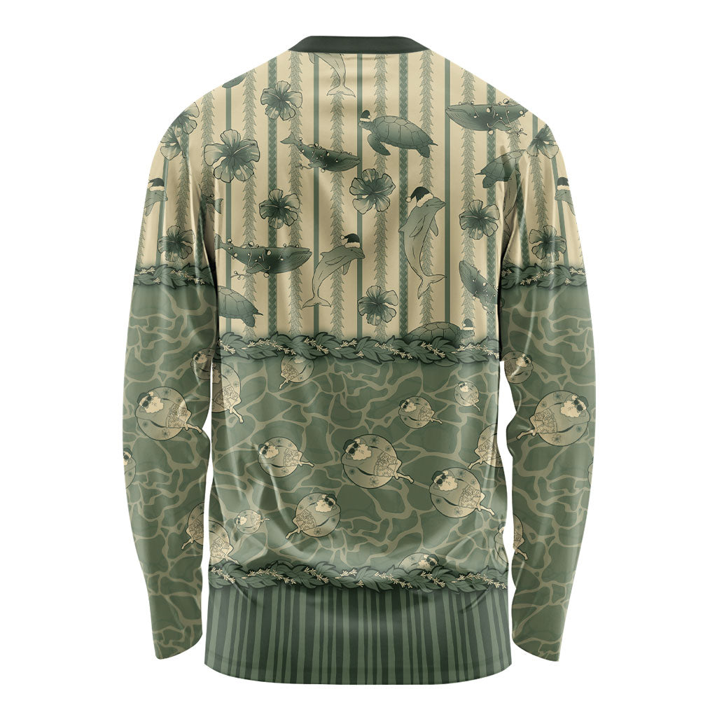 Hawaii Christmas In July Long Sleeve Shirt Olive Green Mele Kalikimaka Sea Animals DT05 - Polynesian Pride