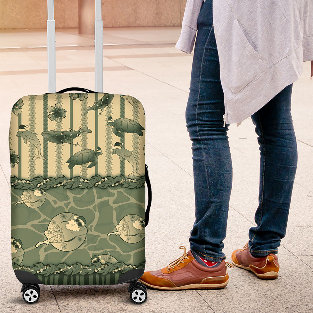 Hawaii Christmas In July Luggage Cover Olive Green Mele Kalikimaka Sea Animals