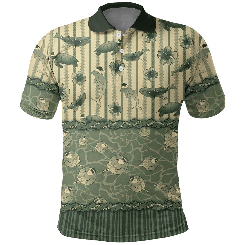 Hawaii Christmas In July Polo Shirt Olive Green Mele Kalikimaka Sea Animals DT05 Green - Polynesian Pride