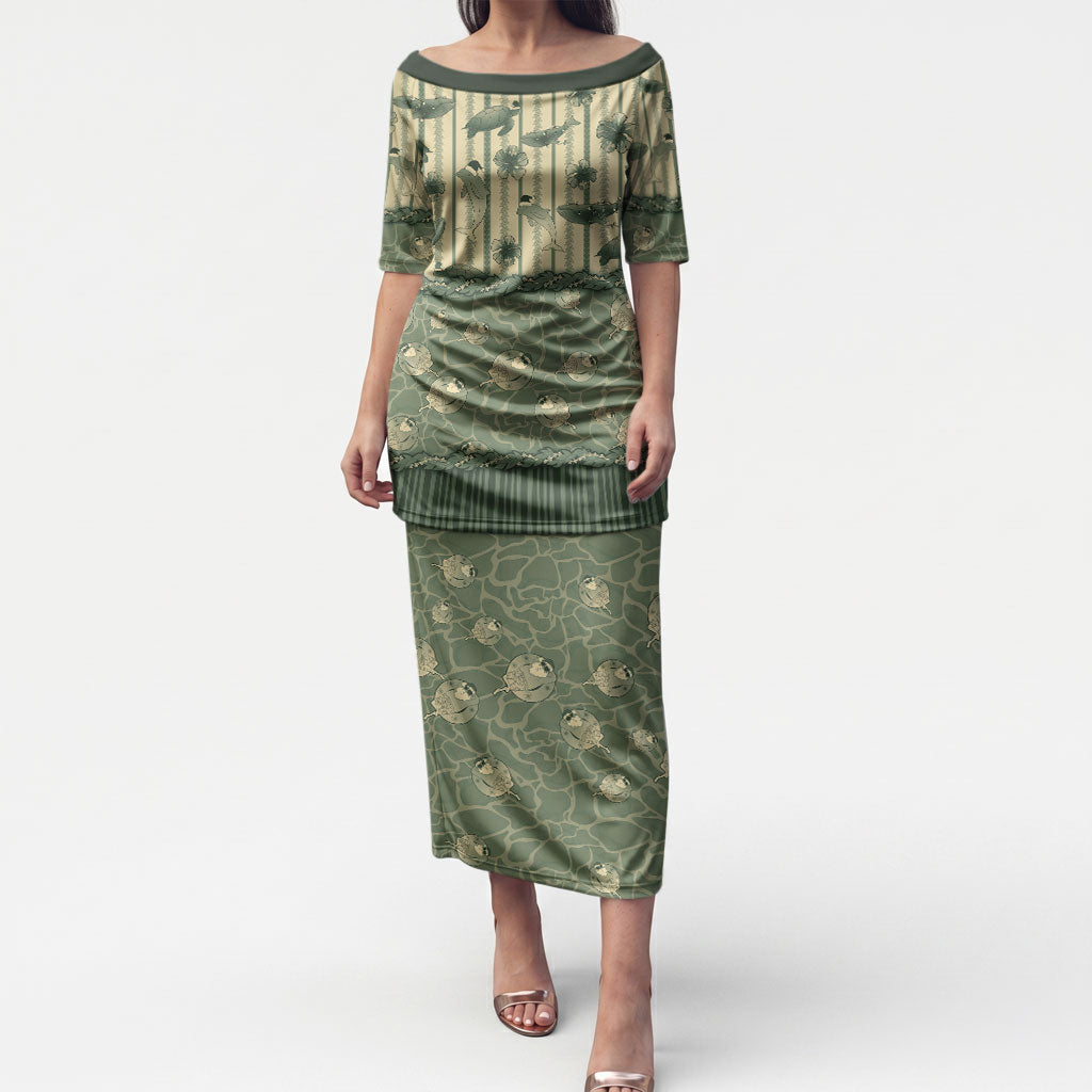 Hawaii Christmas In July Puletasi Olive Green Mele Kalikimaka Sea Animals DT05 Long Dress Green - Polynesian Pride