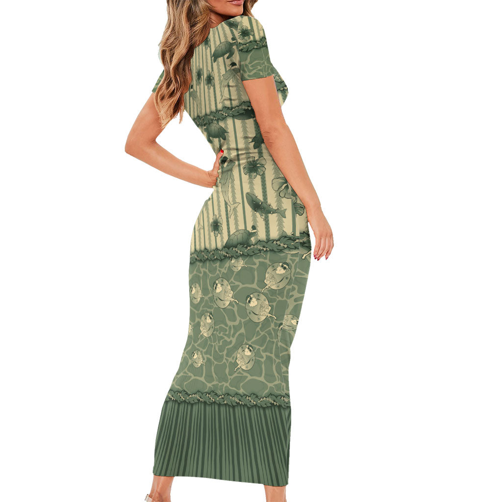 Hawaii Christmas In July Short Sleeve Bodycon Dress Olive Green Mele Kalikimaka Sea Animals