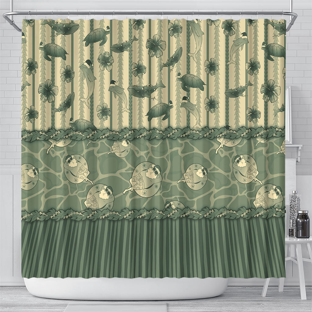 Hawaii Christmas In July Shower Curtain Olive Green Mele Kalikimaka Sea Animals DT05 - Polynesian Pride