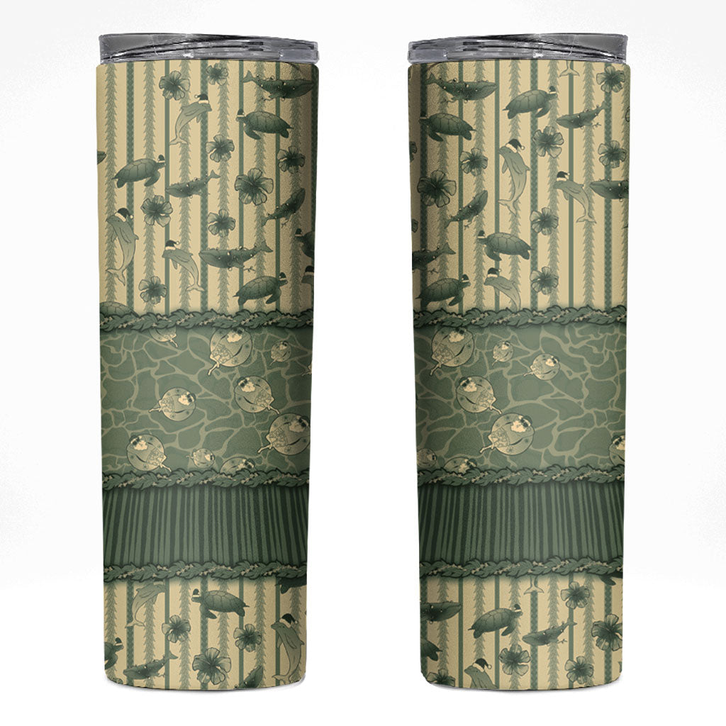 Hawaii Christmas In July Skinny Tumbler Olive Green Mele Kalikimaka Sea Animals