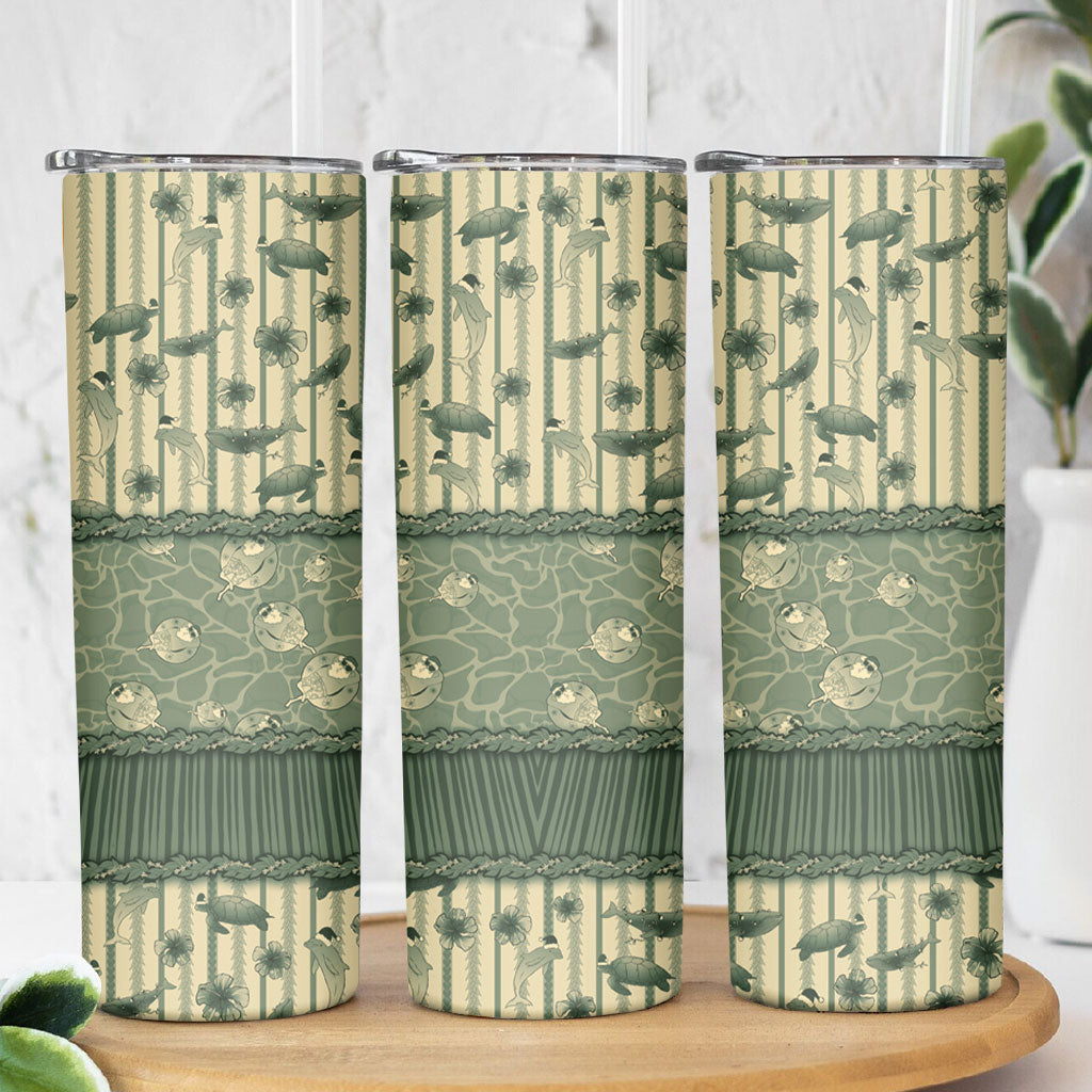 Hawaii Christmas In July Skinny Tumbler Olive Green Mele Kalikimaka Sea Animals
