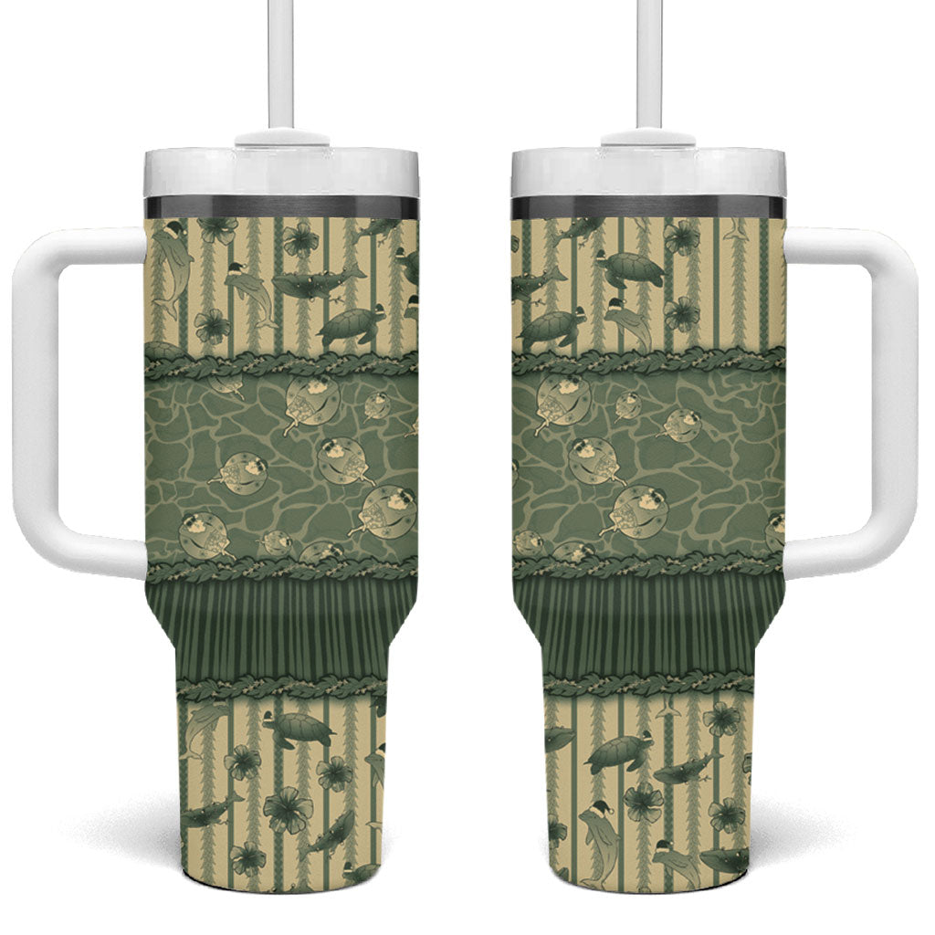 Hawaii Christmas In July Tumbler With Handle Olive Green Mele Kalikimaka Sea Animals