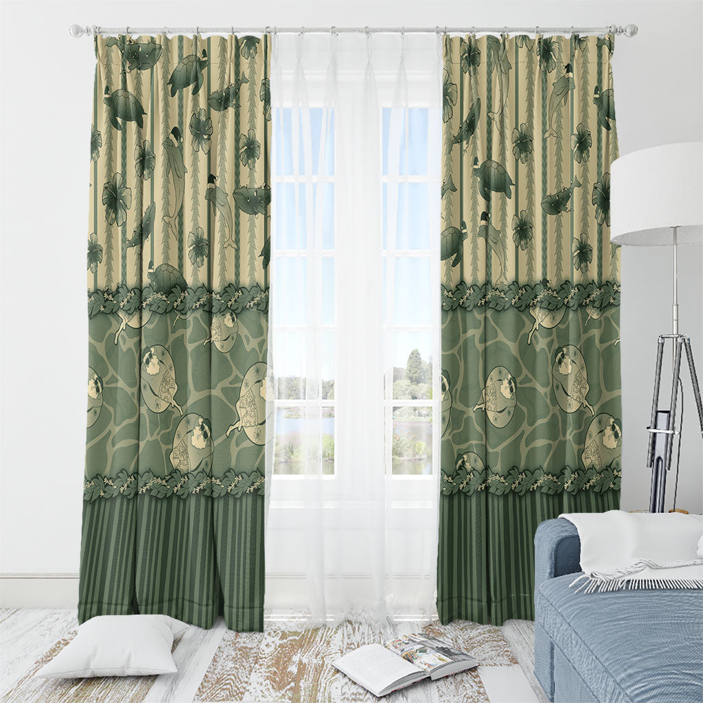 Hawaii Christmas In July Window Curtain Olive Green Mele Kalikimaka Sea Animals
