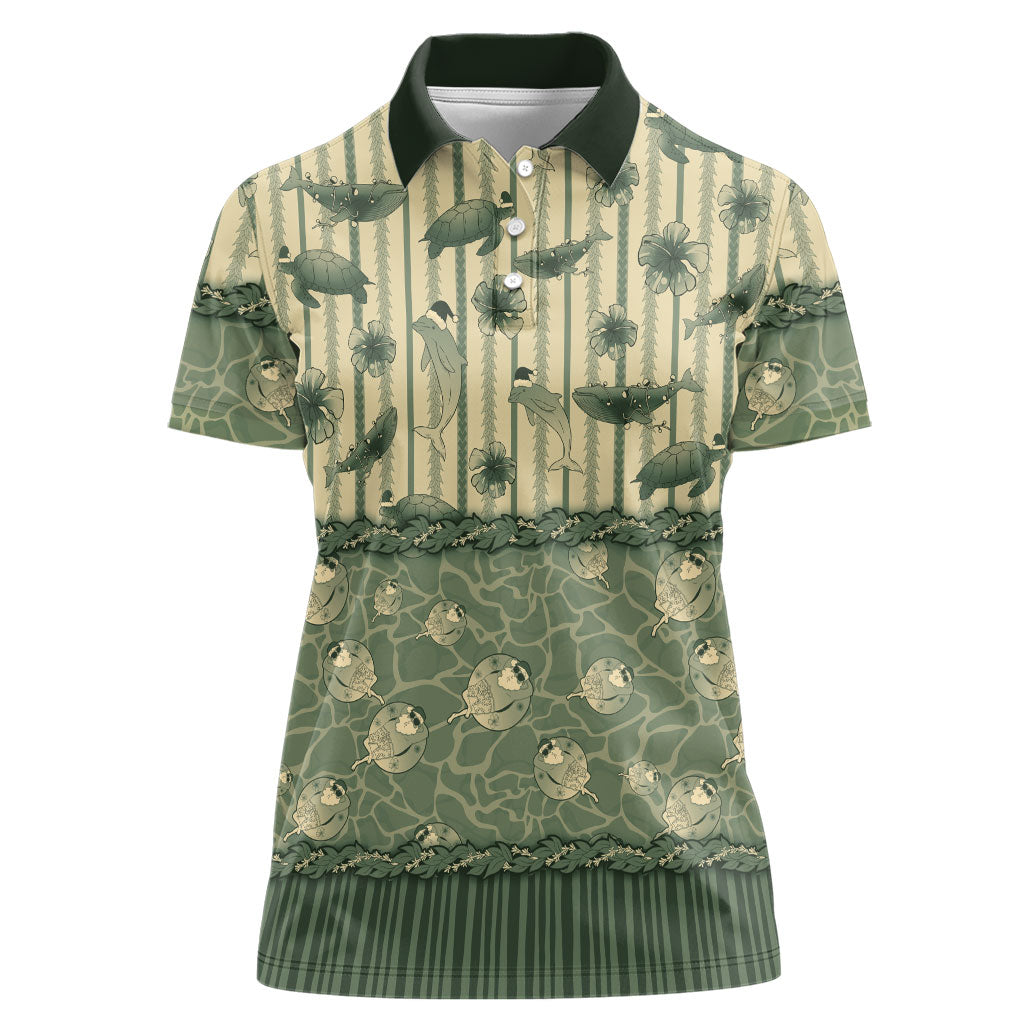 Hawaii Christmas In July Women Polo Shirt Olive Green Mele Kalikimaka Sea Animals