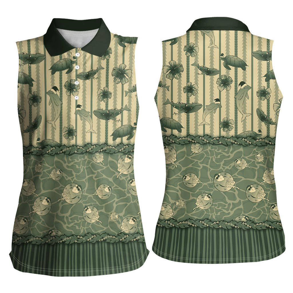 Hawaii Christmas In July Women Sleeveless Polo Shirt Olive Green Mele Kalikimaka Sea Animals