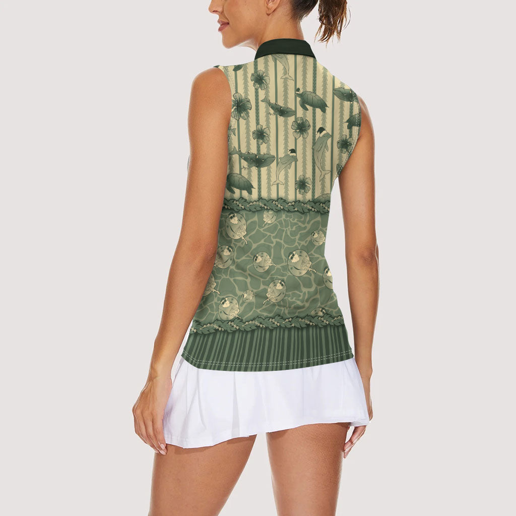 Hawaii Christmas In July Women Sleeveless Polo Shirt Olive Green Mele Kalikimaka Sea Animals
