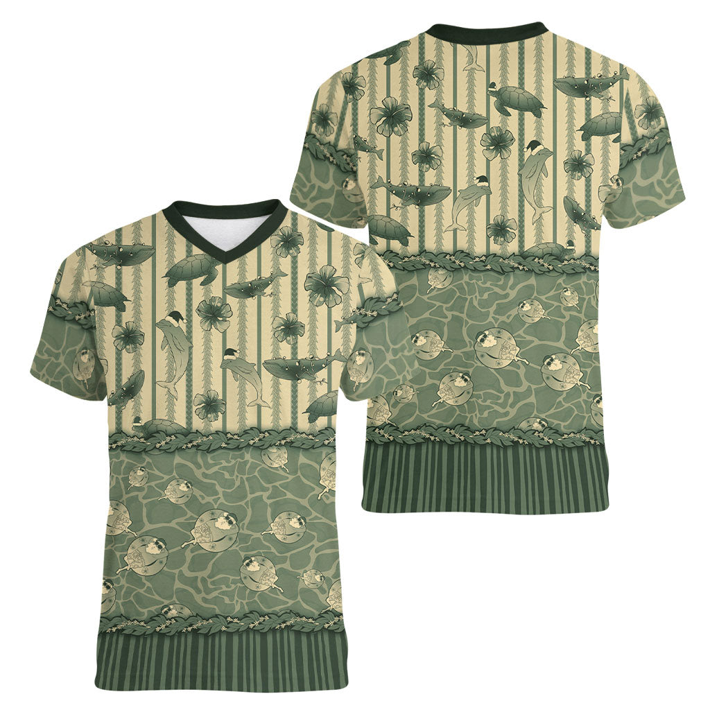Hawaii Christmas In July Women V-Neck T-Shirt Olive Green Mele Kalikimaka Sea Animals