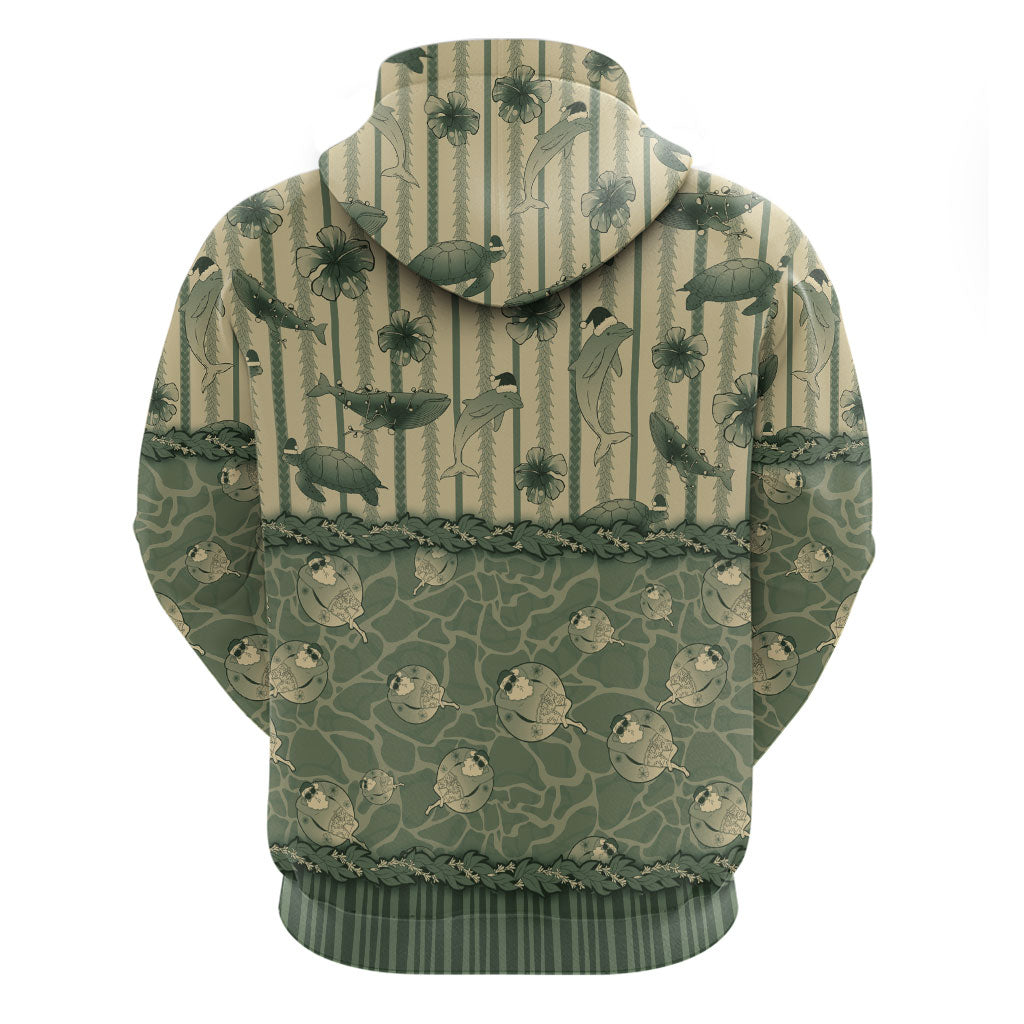 Hawaii Christmas In July Zip Hoodie Olive Green Mele Kalikimaka Sea Animals