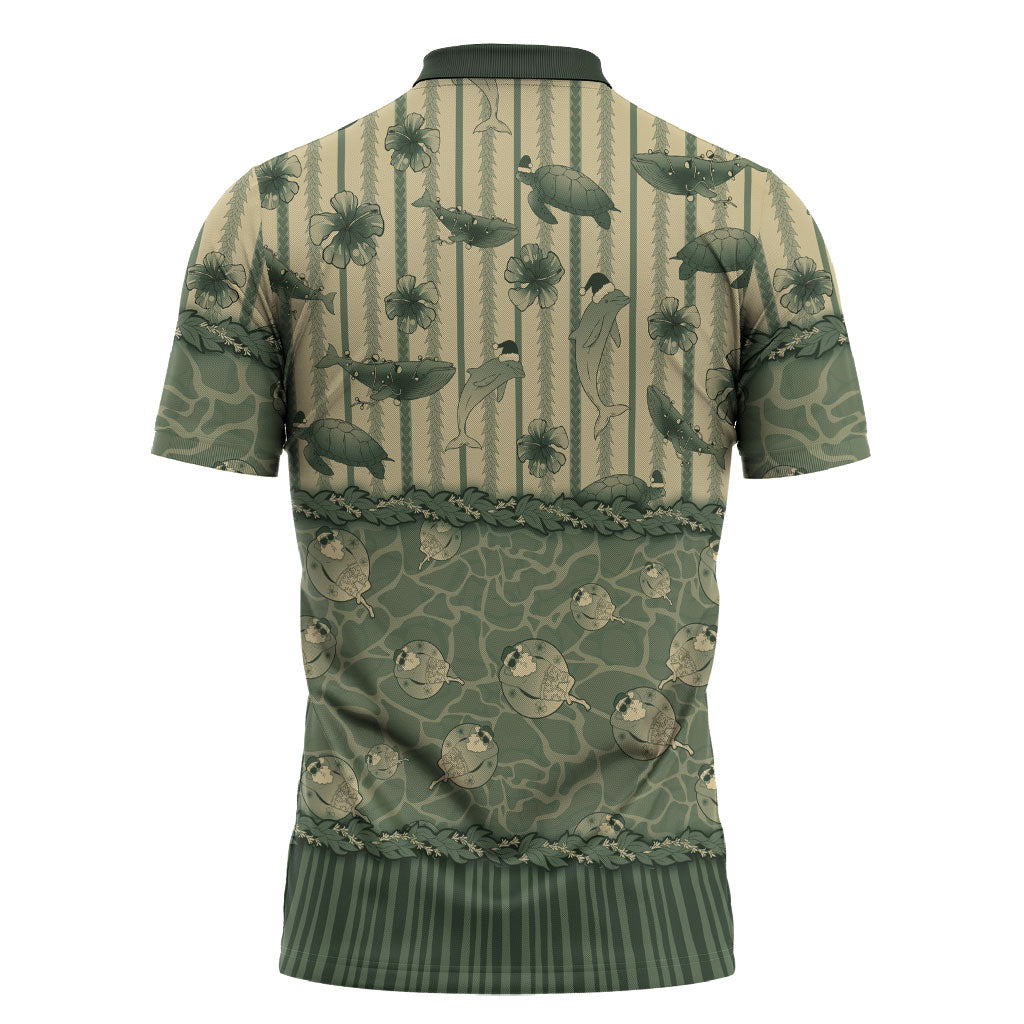 Hawaii Christmas In July Zipper Polo Shirt Olive Green Mele Kalikimaka Sea Animals