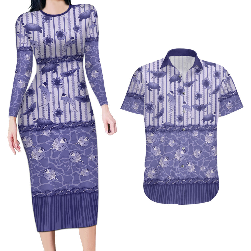 Hawaii Christmas In July Couples Matching Long Sleeve Bodycon Dress and Hawaiian Shirt Amethyst Purple Mele Kalikimaka Sea Animals