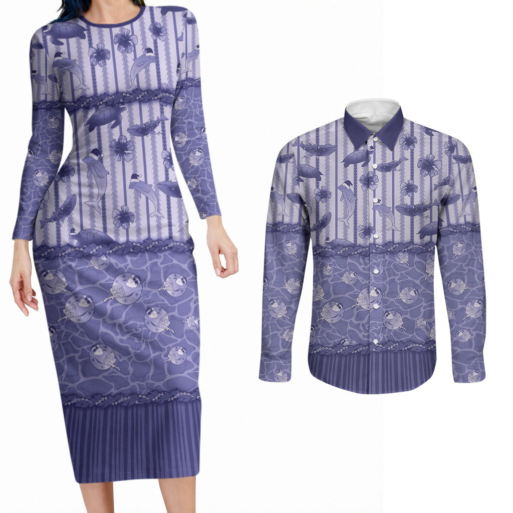 Hawaii Christmas In July Couples Matching Long Sleeve Bodycon Dress and Long Sleeve Button Shirt Amethyst Purple Mele Kalikimaka Sea Animals DT05 Purple - Polynesian Pride