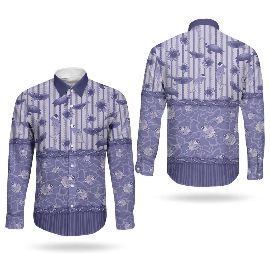 Hawaii Christmas In July Couples Matching Long Sleeve Bodycon Dress and Long Sleeve Button Shirt Amethyst Purple Mele Kalikimaka Sea Animals DT05 - Polynesian Pride