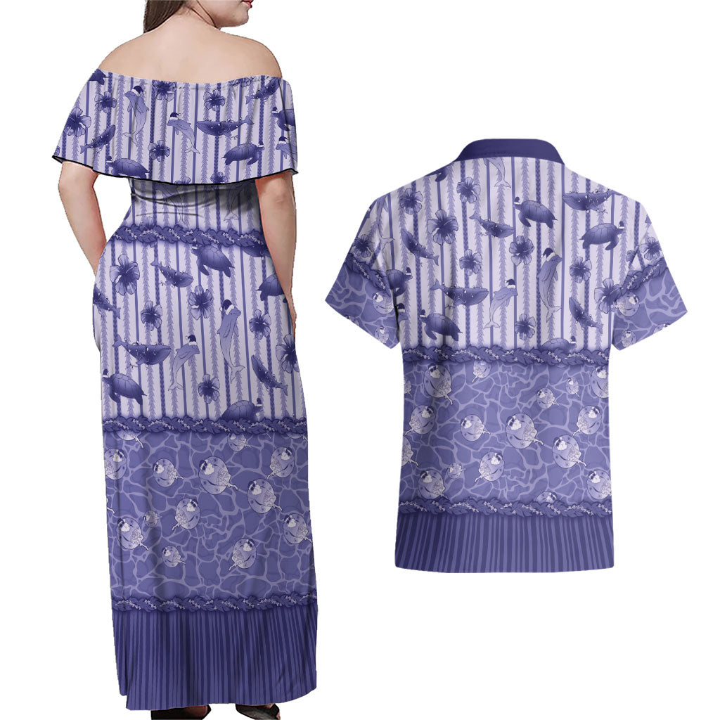 Hawaii Christmas In July Couples Matching Off Shoulder Maxi Dress and Hawaiian Shirt Amethyst Purple Mele Kalikimaka Sea Animals