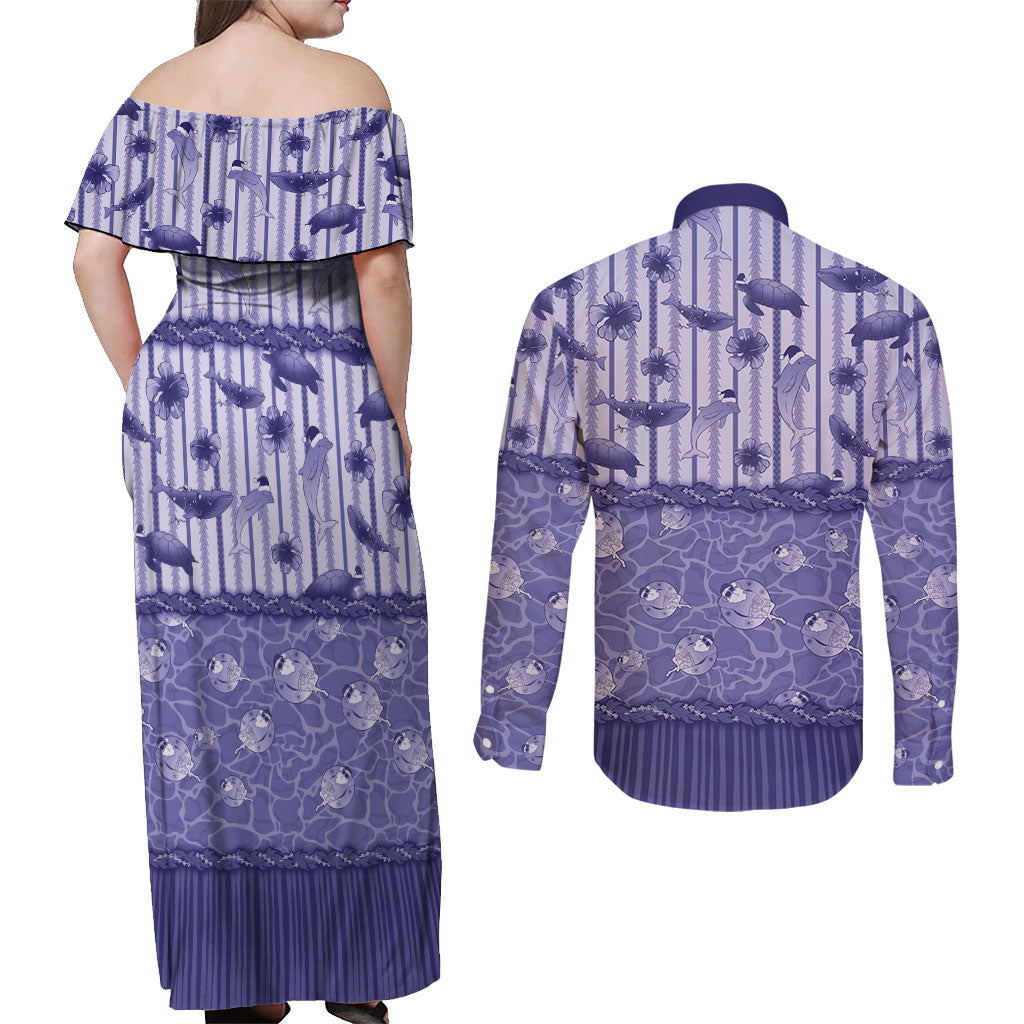 Hawaii Christmas In July Couples Matching Off Shoulder Maxi Dress and Long Sleeve Button Shirt Amethyst Purple Mele Kalikimaka Sea Animals