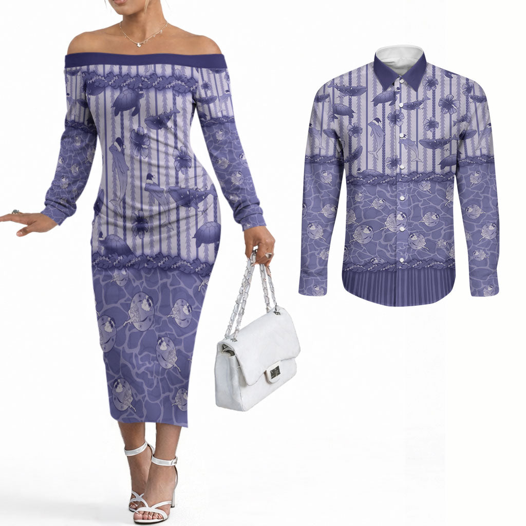 Hawaii Christmas In July Couples Matching Off The Shoulder Long Sleeve Dress and Long Sleeve Button Shirt Amethyst Purple Mele Kalikimaka Sea Animals DT05 Purple - Polynesian Pride