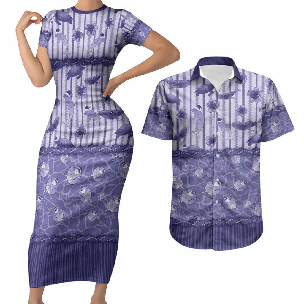 Hawaii Christmas In July Couples Matching Short Sleeve Bodycon Dress and Hawaiian Shirt Amethyst Purple Mele Kalikimaka Sea Animals DT05 Purple - Polynesian Pride