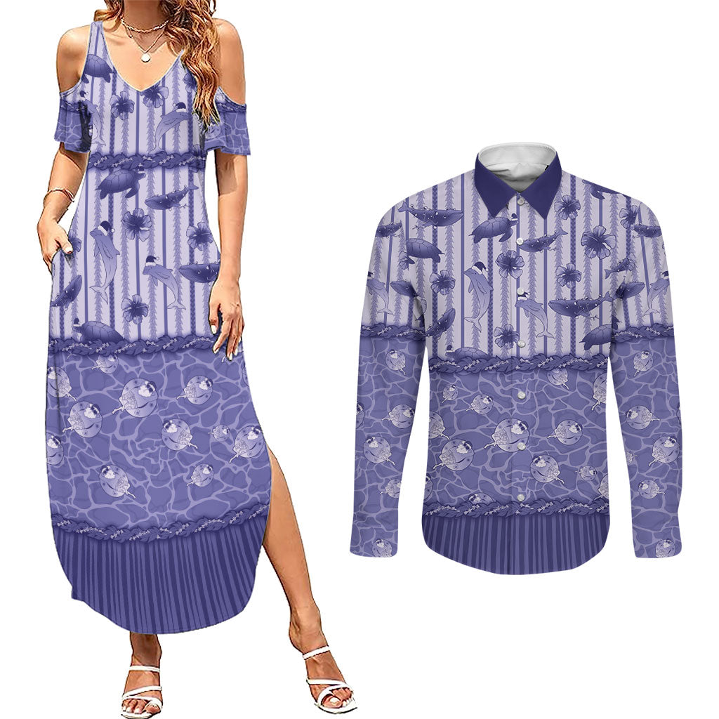 Hawaii Christmas In July Couples Matching Summer Maxi Dress and Long Sleeve Button Shirt Amethyst Purple Mele Kalikimaka Sea Animals