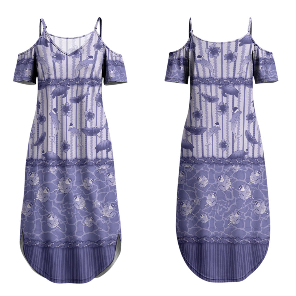Hawaii Christmas In July Couples Matching Summer Maxi Dress and Long Sleeve Button Shirt Amethyst Purple Mele Kalikimaka Sea Animals DT05 - Polynesian Pride