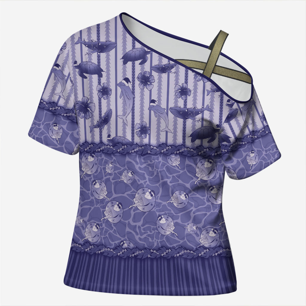 Hawaii Christmas In July Cross Shoulder Shirt Amethyst Purple Mele Kalikimaka Sea Animals
