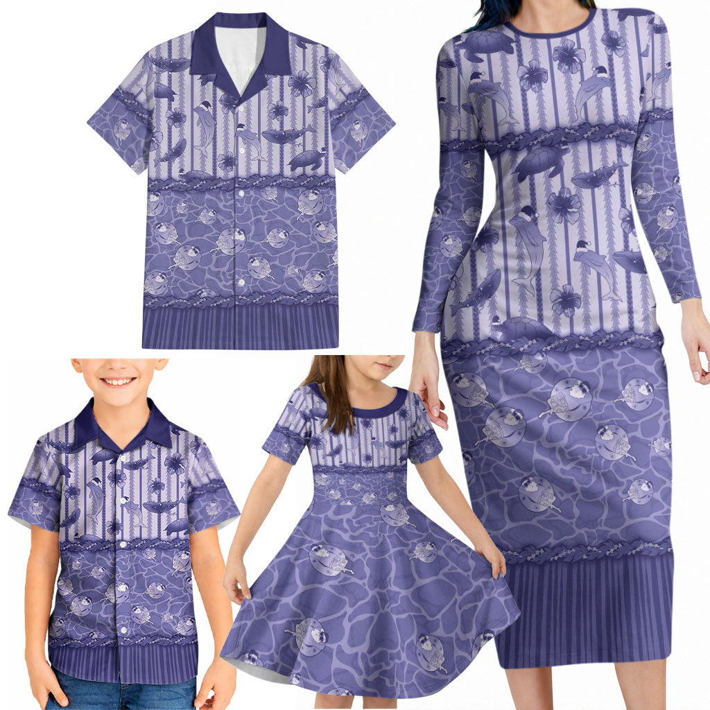 Hawaii Christmas In July Family Matching Long Sleeve Bodycon Dress and Hawaiian Shirt Amethyst Purple Mele Kalikimaka Sea Animals DT05 - Polynesian Pride