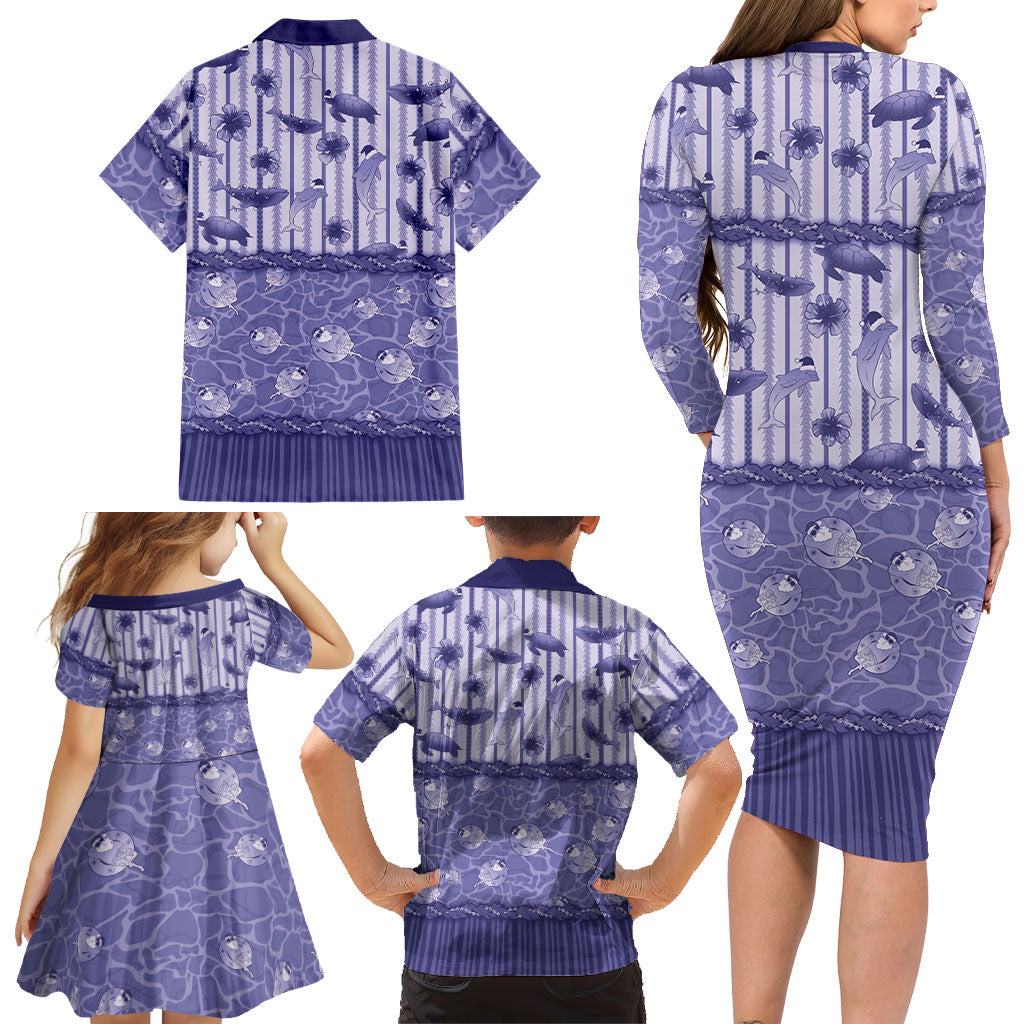 Hawaii Christmas In July Family Matching Long Sleeve Bodycon Dress and Hawaiian Shirt Amethyst Purple Mele Kalikimaka Sea Animals