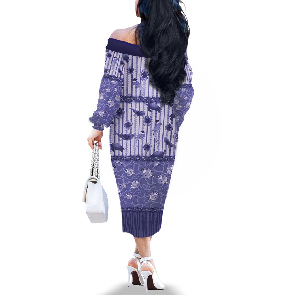 Hawaii Christmas In July Family Matching Off The Shoulder Long Sleeve Dress and Hawaiian Shirt Amethyst Purple Mele Kalikimaka Sea Animals