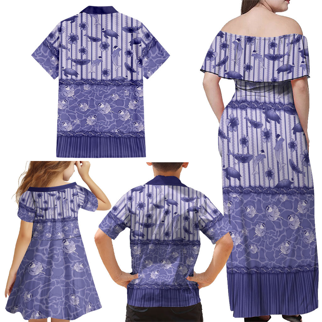 Hawaii Christmas In July Family Matching Off Shoulder Maxi Dress and Hawaiian Shirt Amethyst Purple Mele Kalikimaka Sea Animals