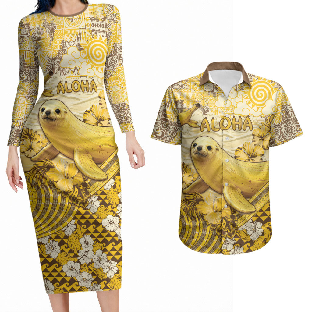 Hawaii Banana Seal Couples Matching Long Sleeve Bodycon Dress and Hawaiian Shirt Ilio Holo I Ka Uaua Aloha DT05 Yellow - Polynesian Pride