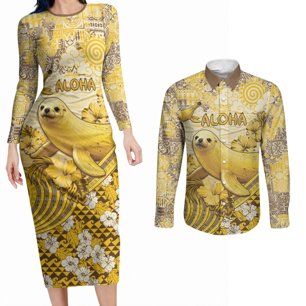 Hawaii Banana Seal Couples Matching Long Sleeve Bodycon Dress and Long Sleeve Button Shirt Ilio Holo I Ka Uaua Aloha DT05 Yellow - Polynesian Pride