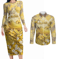 Hawaii Banana Seal Couples Matching Long Sleeve Bodycon Dress and Long Sleeve Button Shirt Ilio Holo I Ka Uaua Aloha DT05 Yellow - Polynesian Pride